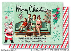 Celebrate the season with our 1950s-inspired holiday photo card! Features a kitschy atomic Santa, retro starbursts, and Corjl editing. Perfect for MCM lovers!