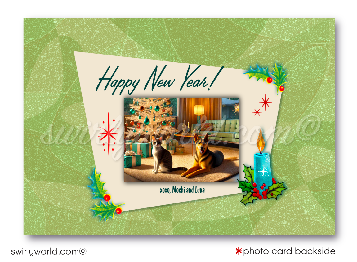 Share retro holiday charm with our 1950s-inspired digital Family Photo Card! Customizable MCM design with starbursts, atomic accents, and nostalgic typography.