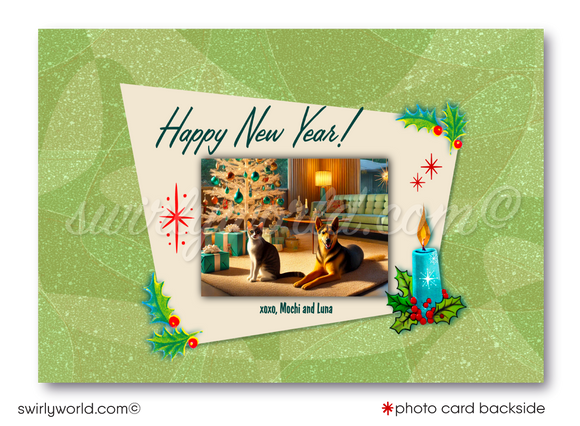 Share retro holiday charm with our 1950s-inspired digital Family Photo Card! Customizable MCM design with starbursts, atomic accents, and nostalgic typography.