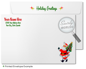 Retro Mid-Century Modern 1950s Family Holiday Photo Card – Santa on Vespa with Kitschy Deer, Atomic Starbursts
