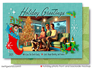 Share retro holiday charm with our 1950s-inspired digital Family Photo Card! Customizable MCM design with starbursts, atomic accents, and nostalgic typography.