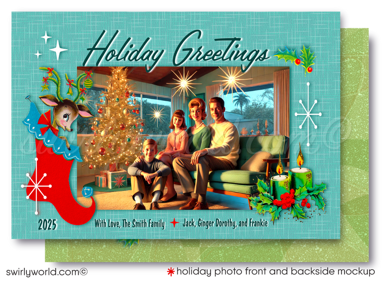 Share retro holiday charm with our 1950s-inspired digital Family Photo Card! Customizable MCM design with starbursts, atomic accents, and nostalgic typography.