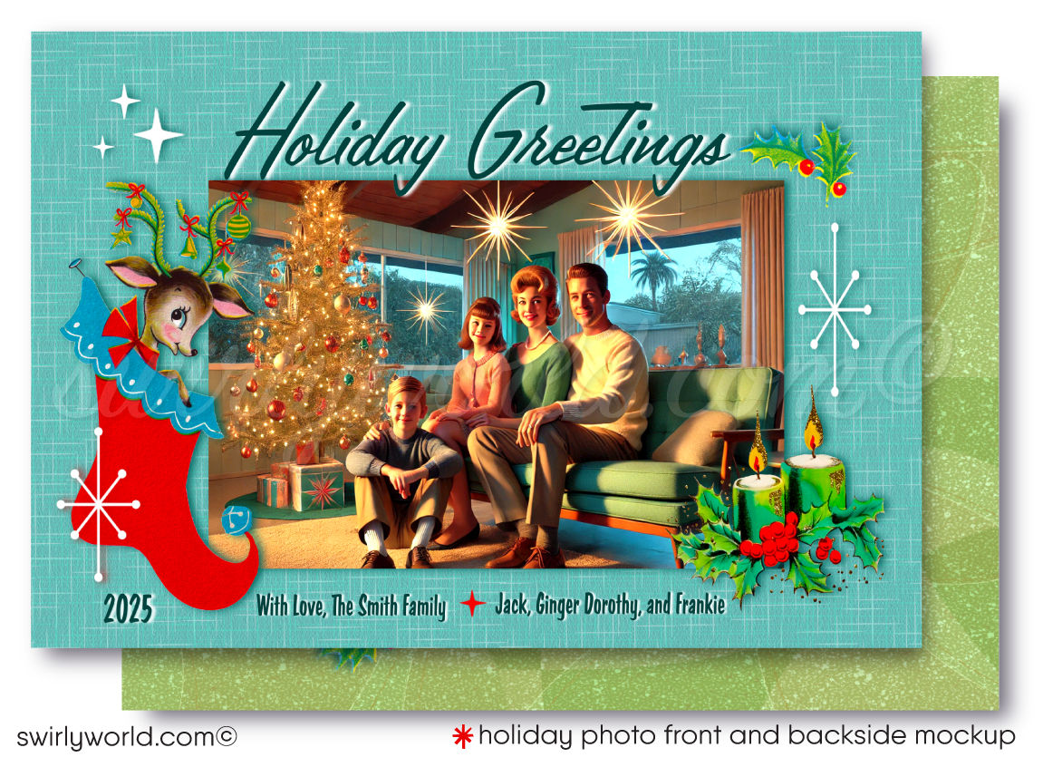 Share holiday joy with our retro Family Photo Card! A kitschy deer in a stocking, atomic starbursts, and teal backdrop inspired by 1950s mid-century modern style.