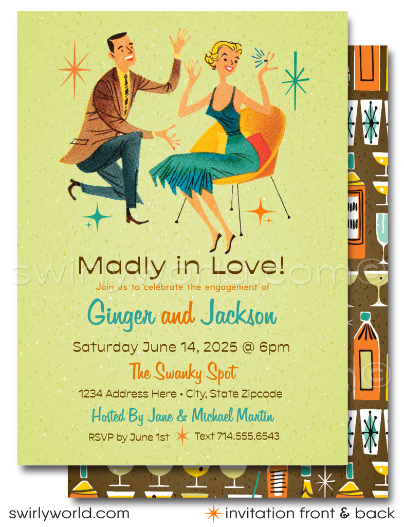 Celebrate in retro style with mid-century modern engagement invitations featuring atomic starbursts, vintage fonts, and a customizable “Madly in Love” design.