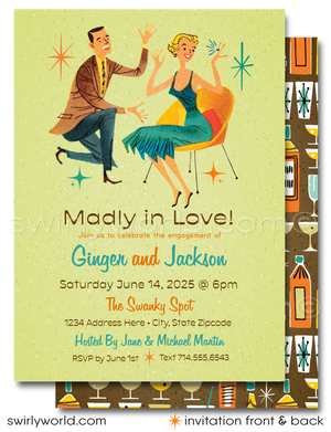 Celebrate in retro style with mid-century modern engagement invitations featuring atomic starbursts, vintage fonts, and a customizable “Madly in Love” design.