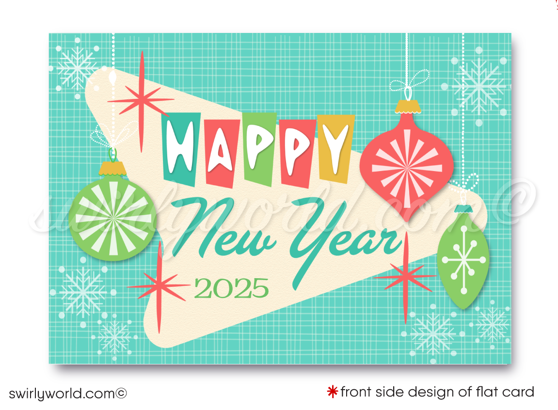 Ring in 2025 with a retro touch! Mid-Century Modern Happy New Year Card featuring MCM motifs, starbursts, and classic colors. Fully customizable via Corjl!