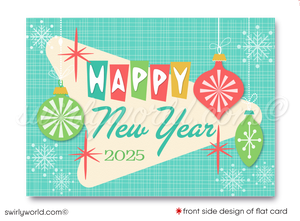 Ring in 2025 with a retro touch! Mid-Century Modern Happy New Year Card featuring MCM motifs, starbursts, and classic colors. Fully customizable via Corjl!
