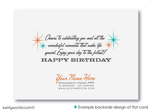Celebrate your clients' special day with our unique 1950s retro mid-century modern Happy Birthday card. Featuring an aqua blue and orange color palette, retro-style lettering, and atomic starbursts on a diamond-shaped background. Available as folded or flat cards, printed on thick card stock with matching envelopes. Upgrade to customized envelopes with your logo for a professional touch.
