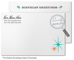 Celebrate your clients' special day with our unique 1950s retro mid-century modern Happy Birthday card. Featuring an aqua blue and orange color palette, retro-style lettering, and atomic starbursts on a diamond-shaped background. Available as folded or flat cards, printed on thick card stock with matching envelopes. Upgrade to customized envelopes with your logo for a professional touch.