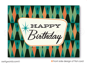 Celebrate your clients' special day with our unique 1950s retro mid-century modern Happy Birthday card. Featuring an aqua blue and orange color palette, retro-style lettering, and atomic starbursts on a diamond-shaped background. Available as folded or flat cards, printed on thick card stock with matching envelopes. Upgrade to customized envelopes with your logo for a professional touch.