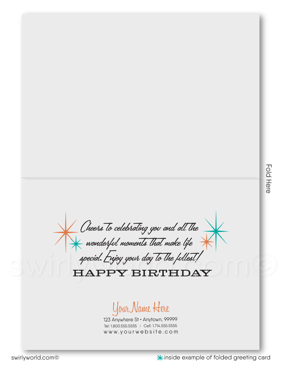 Celebrate your clients' special day with our unique 1950s retro mid-century modern Happy Birthday card. Featuring an aqua blue and orange color palette, retro-style lettering, and atomic starbursts on a diamond-shaped background. Available as folded or flat cards, printed on thick card stock with matching envelopes. Upgrade to customized envelopes with your logo for a professional touch.