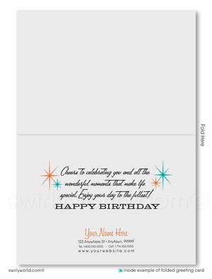 Celebrate your clients' special day with our unique 1950s retro mid-century modern Happy Birthday card. Featuring an aqua blue and orange color palette, retro-style lettering, and atomic starbursts on a diamond-shaped background. Available as folded or flat cards, printed on thick card stock with matching envelopes. Upgrade to customized envelopes with your logo for a professional touch.