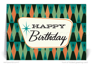Celebrate your clients' special day with our unique 1950s retro mid-century modern Happy Birthday card. Featuring an aqua blue and orange color palette, retro-style lettering, and atomic starbursts on a diamond-shaped background. Available as folded or flat cards, printed on thick card stock with matching envelopes. Upgrade to customized envelopes with your logo for a professional touch.