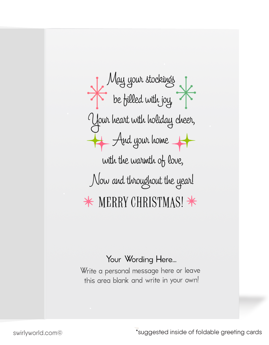 Celebrate Christmas with a vintage card featuring an atomic-age Santa in a powder-pink retro stocking, adorned with starbursts and mid-century charm.