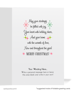 Vintage Christmas Card – Atomic Age Kitschy Santa in Retro Pink Stocking with Starbursts, Mid-Century Holiday Design