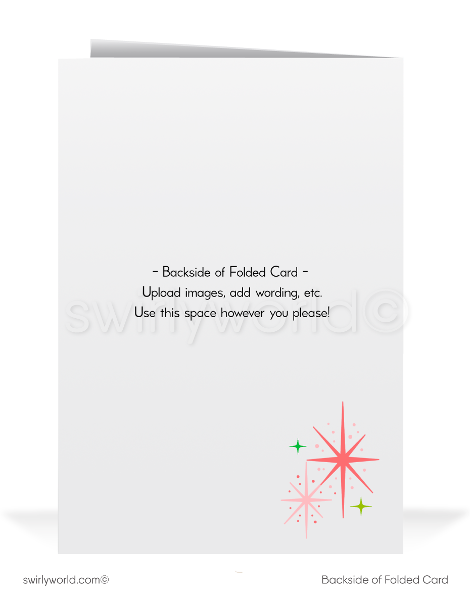 Vintage Christmas Card – Atomic Age Kitschy Santa in Retro Pink Stocking with Starbursts, Mid-Century Holiday Design