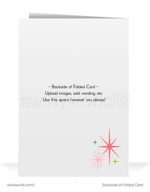 Vintage Christmas Card – Atomic Age Kitschy Santa in Retro Pink Stocking with Starbursts, Mid-Century Holiday Design