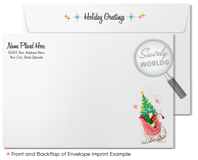 Vintage Christmas Card – Atomic Age Kitschy Santa in Retro Pink Stocking with Starbursts, Mid-Century Holiday Design