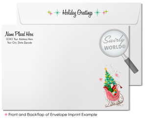 Vintage Christmas Card – Atomic Age Kitschy Santa in Retro Pink Stocking with Starbursts, Mid-Century Holiday Design