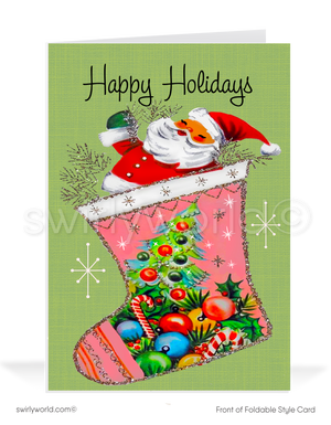 Celebrate Christmas with a vintage card featuring an atomic-age Santa in a powder-pink retro stocking, adorned with starbursts and mid-century charm.