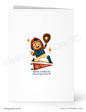 Card with a cartoon character holding a baseball glove and a 'Go Team!' banner, featuring Swirly World branding.