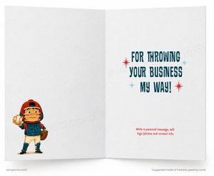 Open card with cartoon character and humorous text on a white background