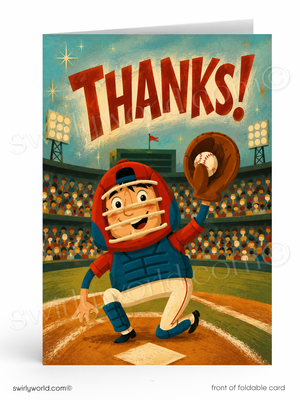 Vintage-style baseball card with a cartoon character holding a baseball and glove, set against a stadium background.