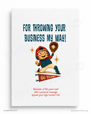 Cartoon character in a baseball uniform with text 'For throwing your business my way!' on a white background