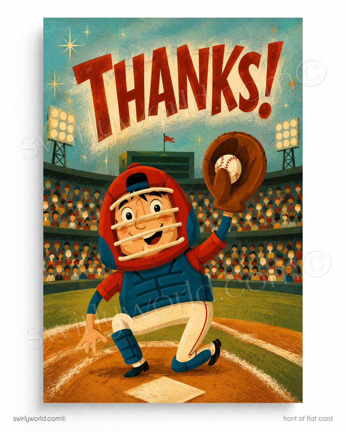 Illustration of a baseball player on a field with 'THANKS!' text above.