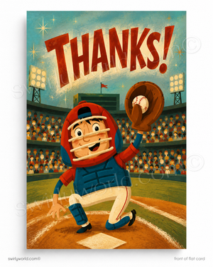 Illustration of a baseball player on a field with 'THANKS!' text above.