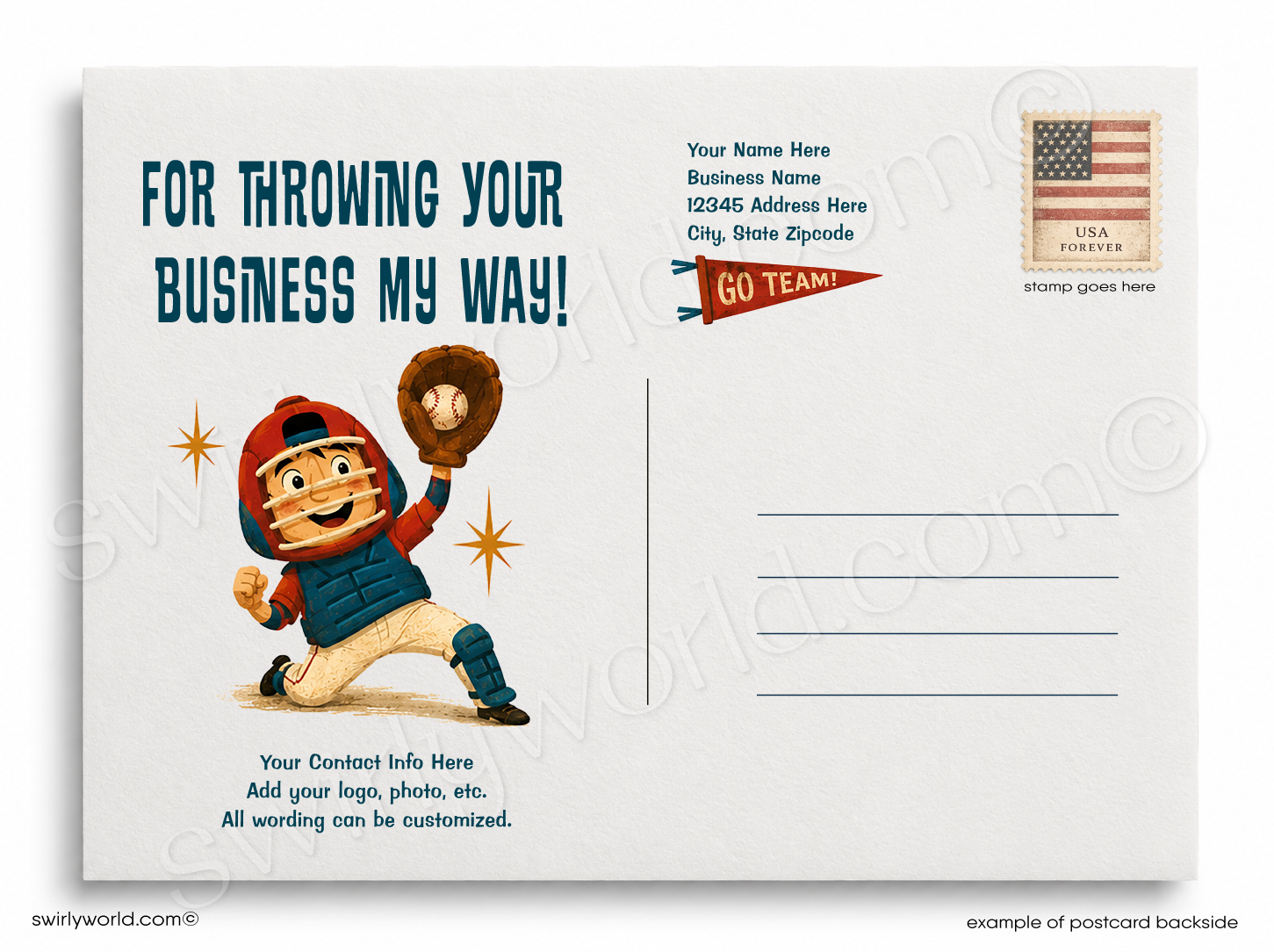Vintage-style baseball card with a mascot on a baseball field, featuring the word 'THANKS!' in large letters.