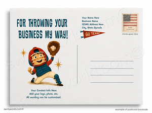 Postcard with a cartoon baseball player and customizable text area on a white background