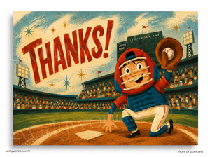 Vintage-style baseball card with a mascot on a baseball field, featuring the word 'THANKS!' in large letters.