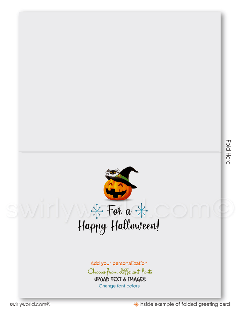 Retro Bewitched Cute Witch on Broom Printed Halloween Cards for Clients