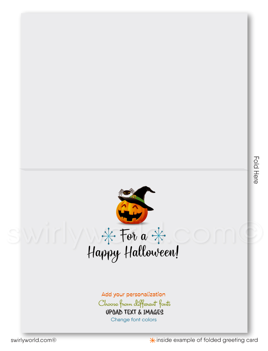 Retro Bewitched Cute Witch on Broom Printed Halloween Cards for Clients