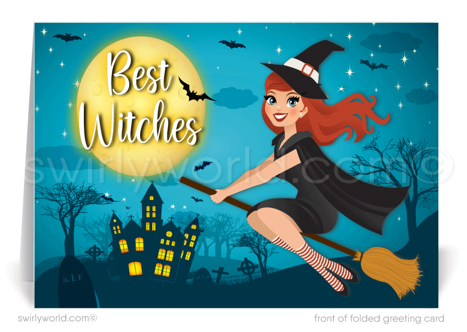 Retro Bewitched Cute Witch on Broom Printed Halloween Cards for Clients