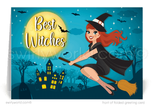 Retro Bewitched Cute Witch on Broom Printed Halloween Cards for Clients