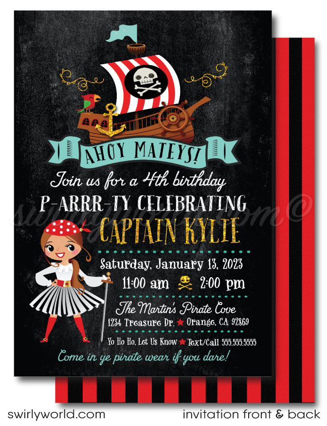 Set sail for adventure with our Princess Pirate-Themed Birthday Party Invitation Set! 🏴‍☠️🎂 Perfect for your little buccaneer, this charming set features customizable girl pirate designs, treasure chest, and pirate ship illustrations. Includes invitations, thank you cards, and envelopes. Make her special day unforgettable!