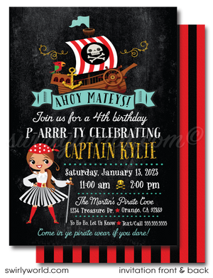 Set sail for adventure with our Princess Pirate-Themed Birthday Party Invitation Set! 🏴‍☠️🎂 Customizable girl pirate designs with various hair, eye, and skin tones. Includes invitations, thank you cards, and envelopes. Perfect for a fun-filled treasure-seeking birthday celebration!
