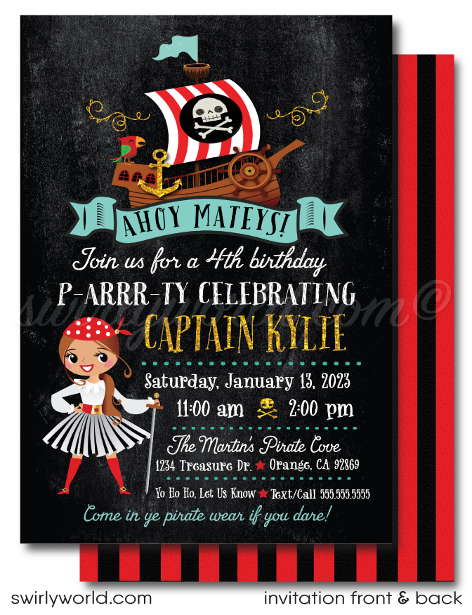 Princess Pirate Captain Girl Ocean Nautical Treasure Birthday Party Invitations