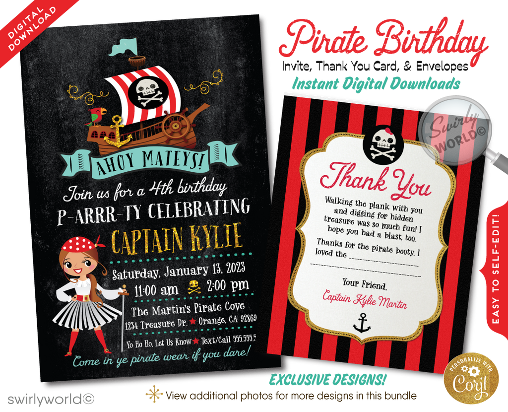 Set sail for adventure on the high seas with our Princess Pirate-Themed Birthday Party Invitation Set, designed to captivate and delight your little buccaneer and her crew. Commandeered by an adorable girl pirate as your captain, this nautical invitation suite charts a course for fun and treasure-seeking unlike any other.