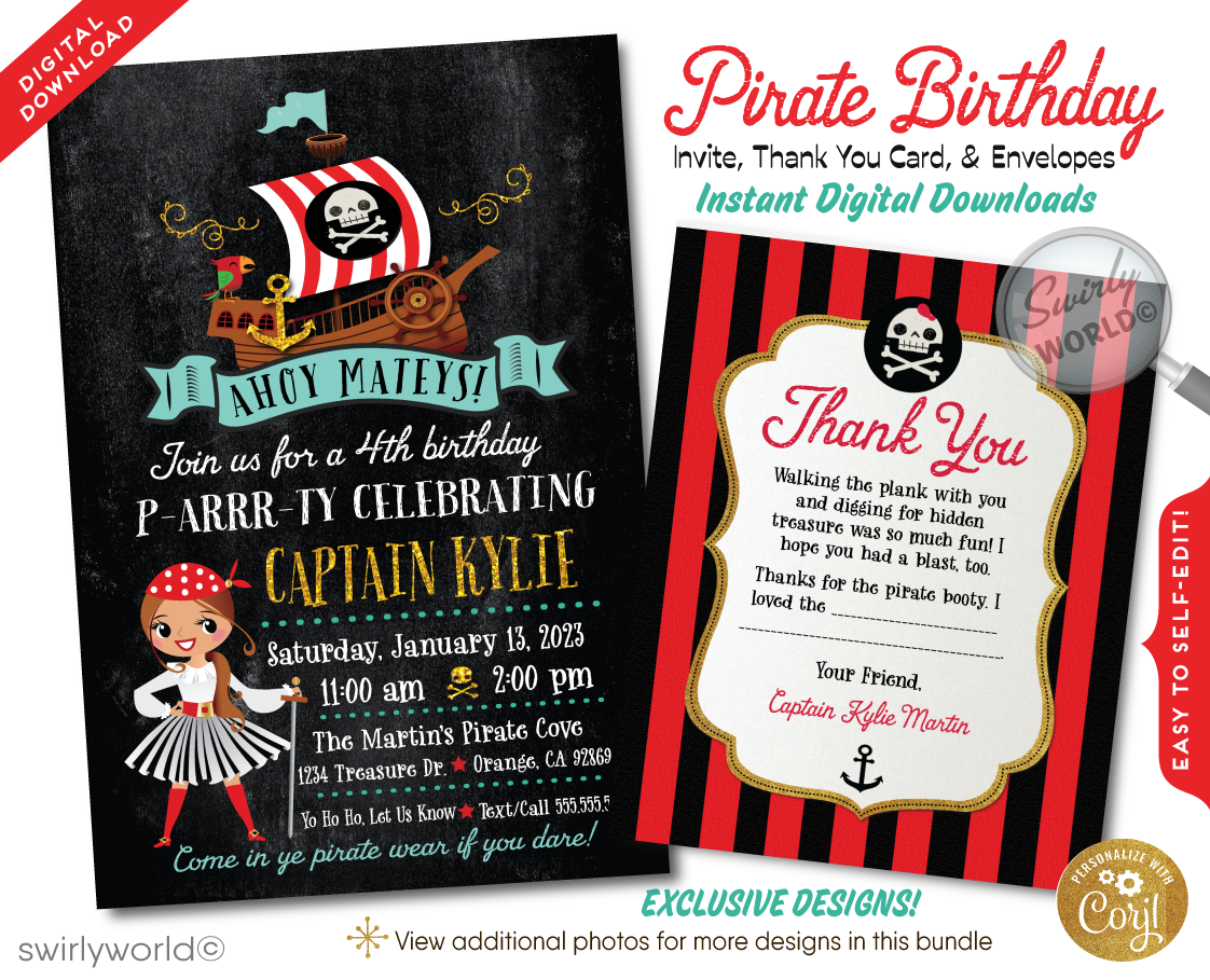 Set sail for adventure on the high seas with our Princess Pirate-Themed Birthday Party Invitation Set, designed to captivate and delight your little buccaneer and her crew. Commandeered by an adorable girl pirate as your captain, this nautical invitation suite charts a course for fun and treasure-seeking unlike any other.