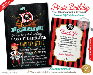 Set sail for adventure on the high seas with our Princess Pirate-Themed Birthday Party Invitation Set, designed to captivate and delight your little buccaneer and her crew. Commandeered by an adorable girl pirate as your captain, this nautical invitation suite charts a course for fun and treasure-seeking unlike any other.