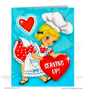 Celebrate Valentine's Day with a 1950s-inspired kitschy chef card! Featuring retro artwork, atomic starbursts, and a sweet message, perfect for sharing joy.