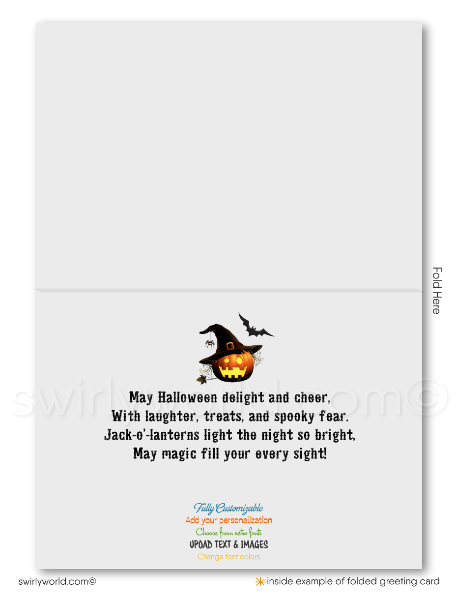 Captivate your clients with Swirly World's Haunting Mansion Halloween Greeting Card. Featuring a spooky mansion, glowing Jack-o'-Lanterns, and a bat against a deep midnight blue sky, this premium card is perfect for sharing Halloween magic. Customizable envelopes available for a personal touch!