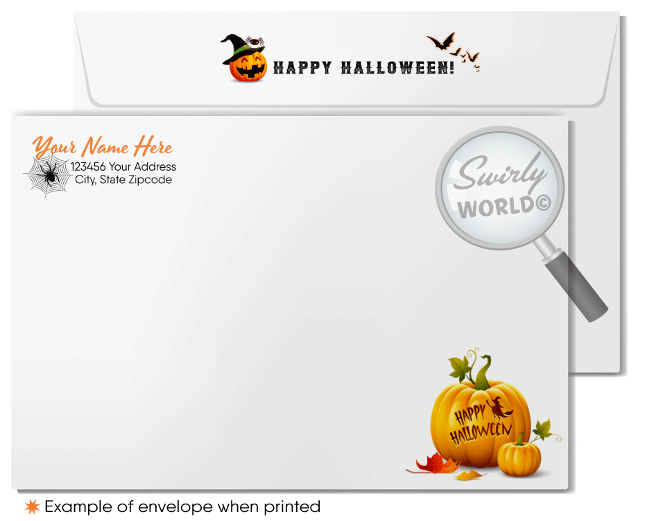 Captivate your clients with Swirly World's Haunting Mansion Halloween Greeting Card. Featuring a spooky mansion, glowing Jack-o'-Lanterns, and a bat against a deep midnight blue sky, this premium card is perfect for sharing Halloween magic. Customizable envelopes available for a personal touch!