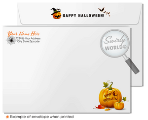 Captivate your clients with Swirly World's Haunting Mansion Halloween Greeting Card. Featuring a spooky mansion, glowing Jack-o'-Lanterns, and a bat against a deep midnight blue sky, this premium card is perfect for sharing Halloween magic. Customizable envelopes available for a personal touch!