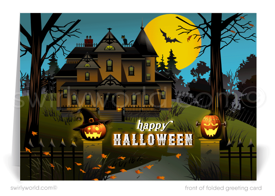 Cool Scary Haunted House Company Business Printed Happy Halloween Greeting Cards