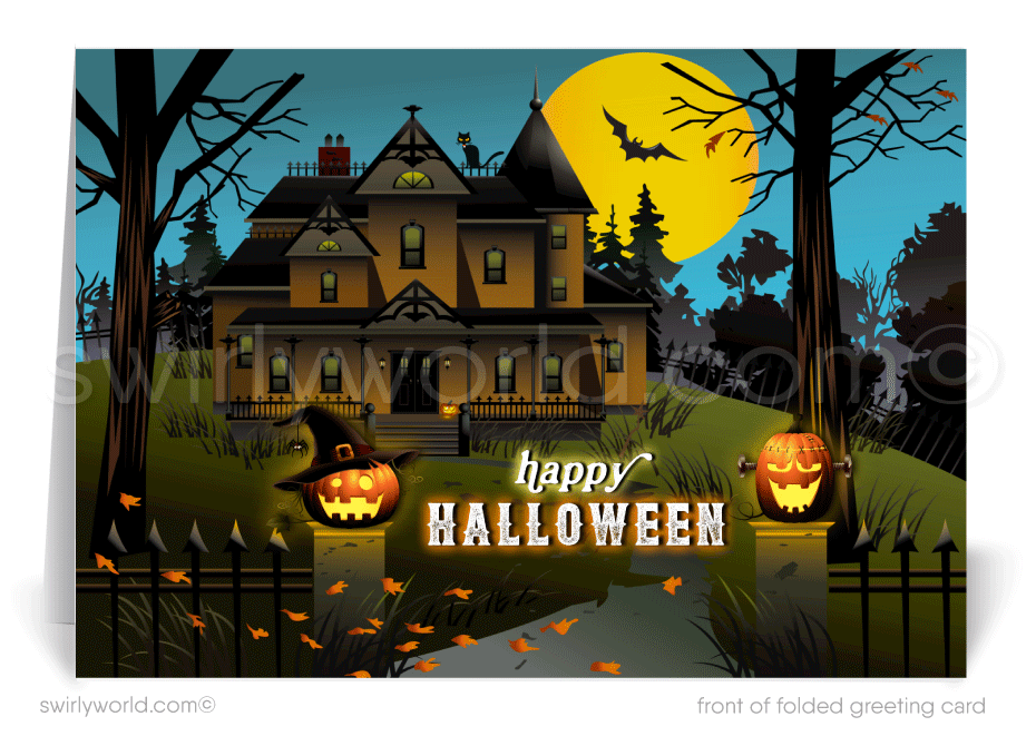 Captivate your clients with Swirly World's Haunting Mansion Halloween Greeting Card. Featuring a spooky mansion, glowing Jack-o'-Lanterns, and a bat against a deep midnight blue sky, this premium card is perfect for sharing Halloween magic. Customizable envelopes available for a personal touch!