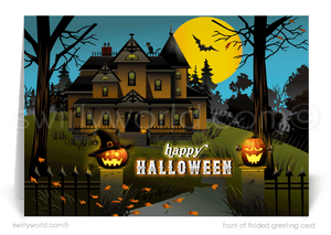 Captivate your clients with Swirly World's Haunting Mansion Halloween Greeting Card. Featuring a spooky mansion, glowing Jack-o'-Lanterns, and a bat against a deep midnight blue sky, this premium card is perfect for sharing Halloween magic. Customizable envelopes available for a personal touch!